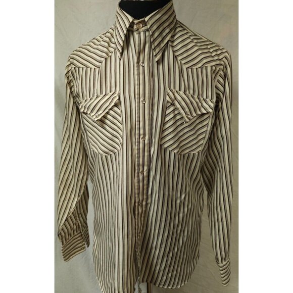 Vtg Stockman By PMC Mens Beige Brown Stripe Pearl Snap Long sleeve Western Shirt - Picture 1 of 11
